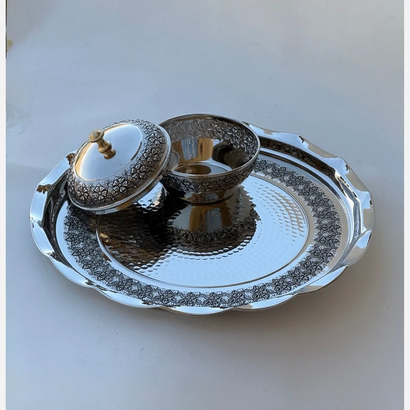 سینی و قندان مسی دیبا کروم